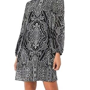 NWT Robbie Bee Black Paisley Flowy Dress 14 Puff Sleeves Bow Tie Accent Career